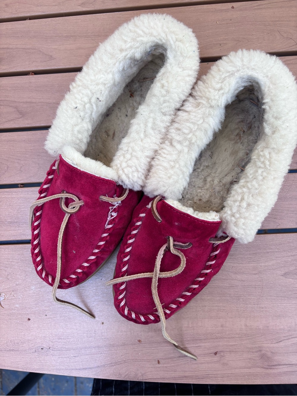 LL bean Red Suede Shearling Moccasin Slippers